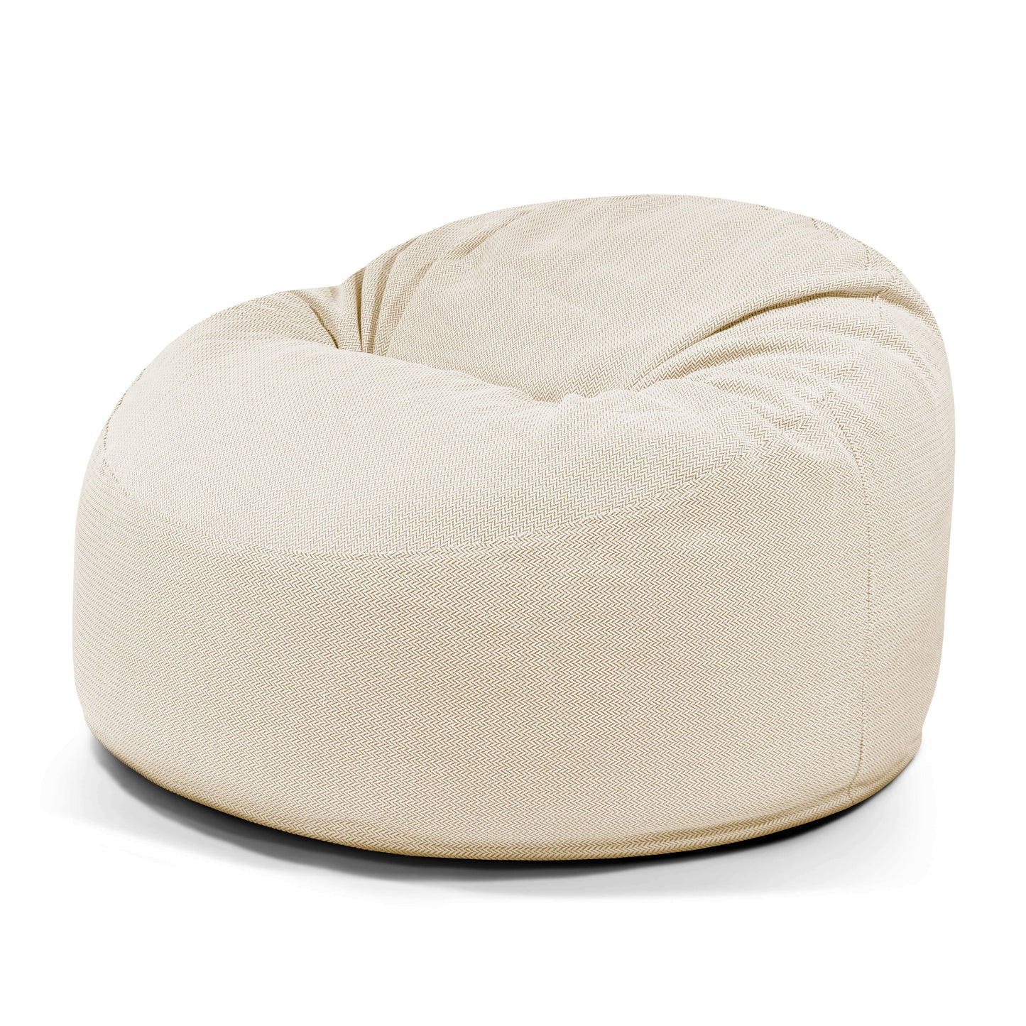 El Foam Bean bag OM 110 Canaria - uso exteriores es un sillón de tela de color beige, de forma redonda y con un asiento ligeramente hundido, que ofrece un lugar cómodo para relajarse, mostrado sobre un fondo blanco.