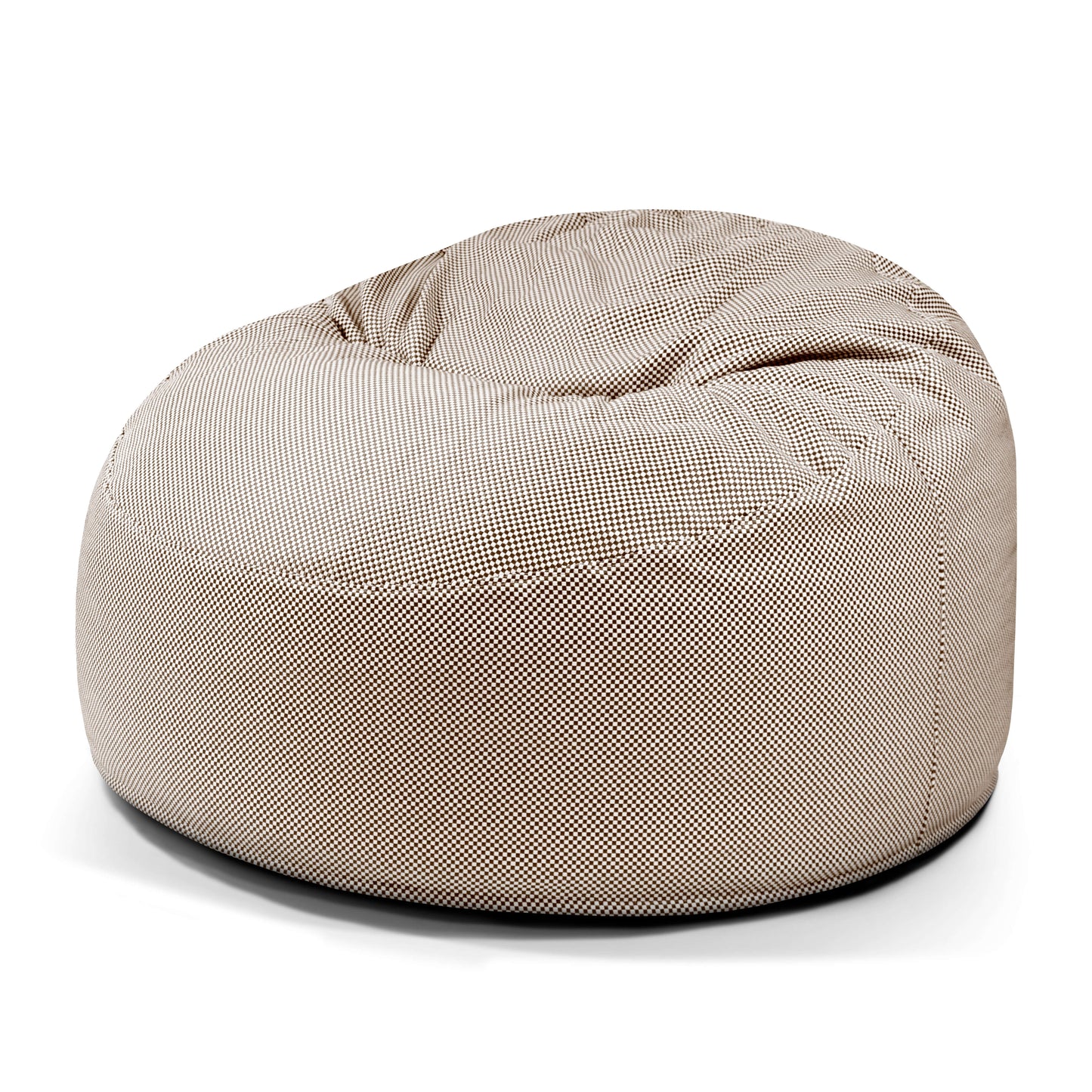 El Foam Bean Bag OM 110 Capri es un sillón redondo de tela beige diseñado para uso exterior, que se muestra sobre un fondo blanco liso.