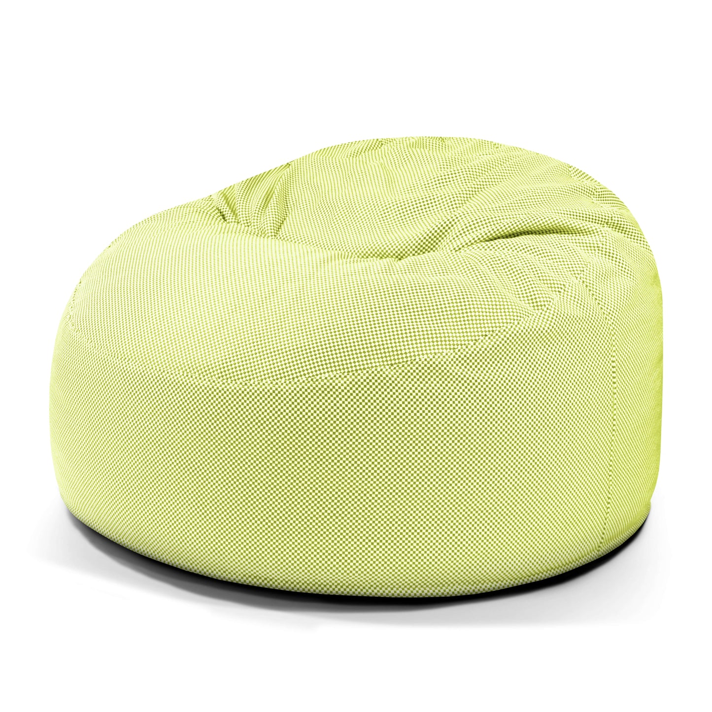 El Foam Bean Bag OM 110 Capri, diseñado para su uso en exteriores con una cubierta texturizada de color verde claro, se asienta sobre un fondo blanco, proporcionando cómodos asientos ideales para relajarse.