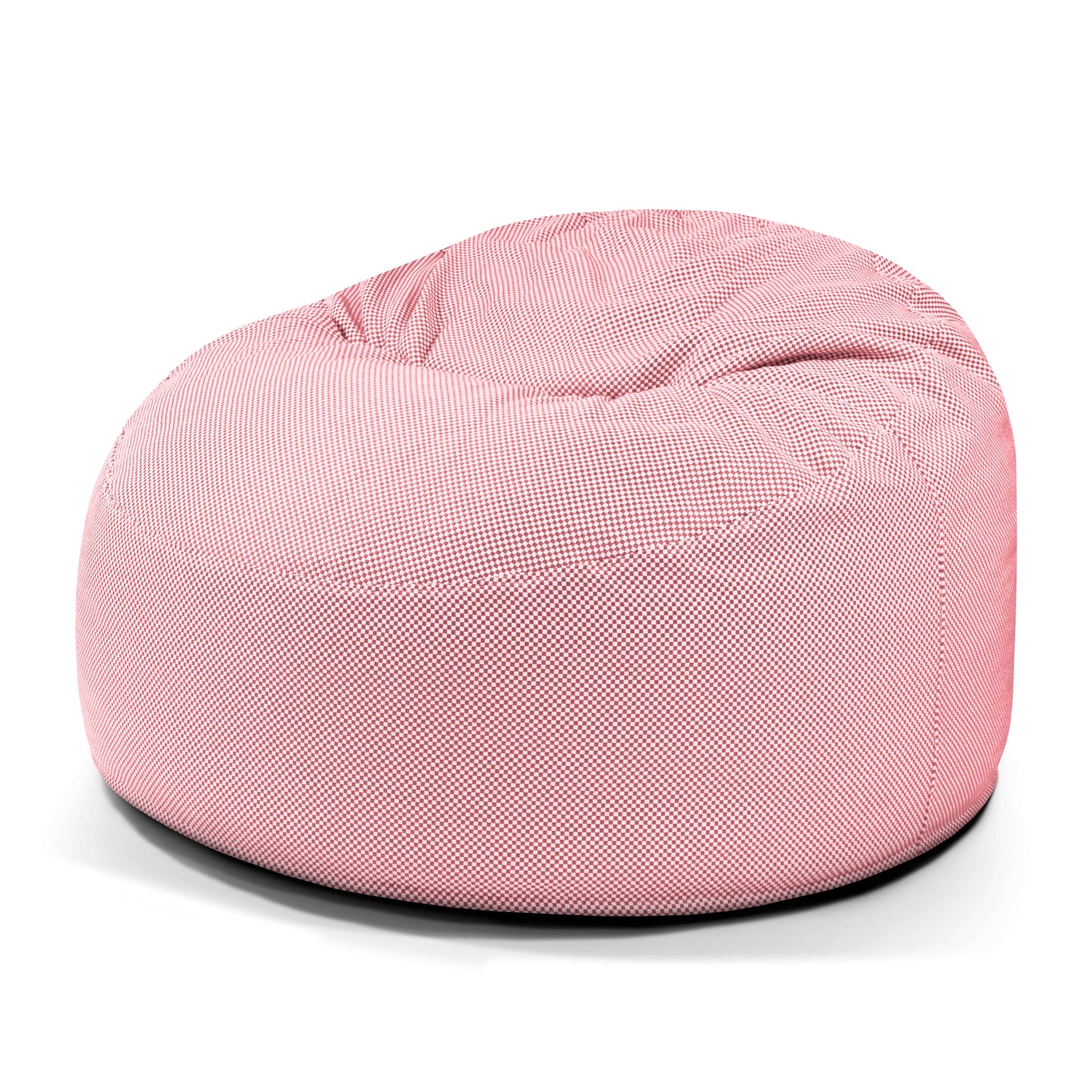 El Foam Bean Bag OM 110 Capri, de color rosa y forma redonda con superficie ligeramente hundida, ofrece un estilo puff ergonómico para cualquier espacio exterior.