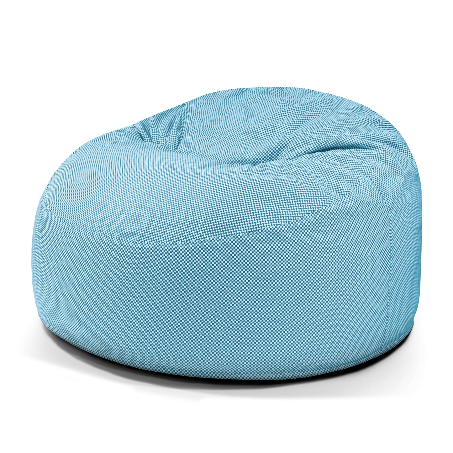 El Foam Bean Bag OM 110 Capri, diseñado para uso en exteriores, tiene forma redonda y un tejido con textura de color azul claro, que ofrece un mueble cómodo para cualquier espacio.