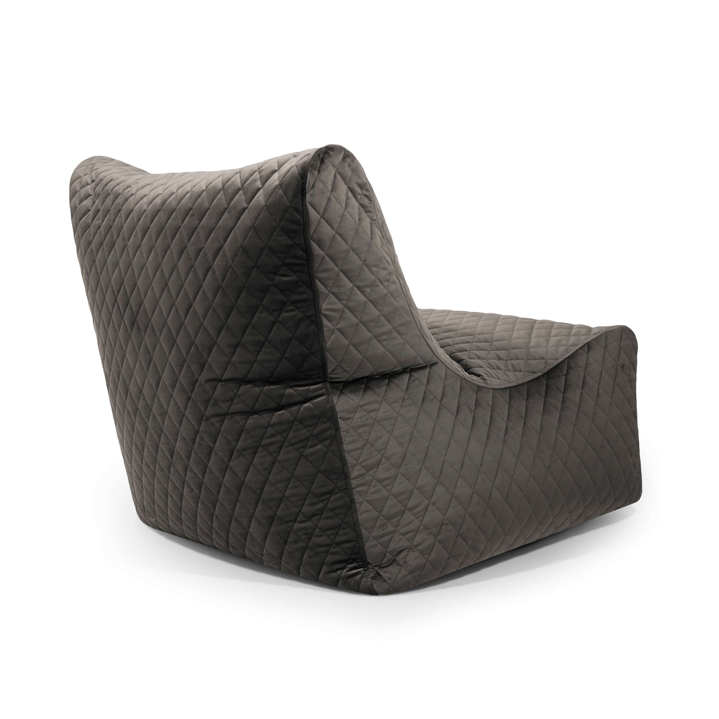El Bean bag Seat 100 Lure Luxe presenta un moderno diseño acolchado en gris oscuro con un asiento bajo y ancho y un estilo sin brazos, ideal para quienes buscan un asiento cómodo, visto desde atrás.