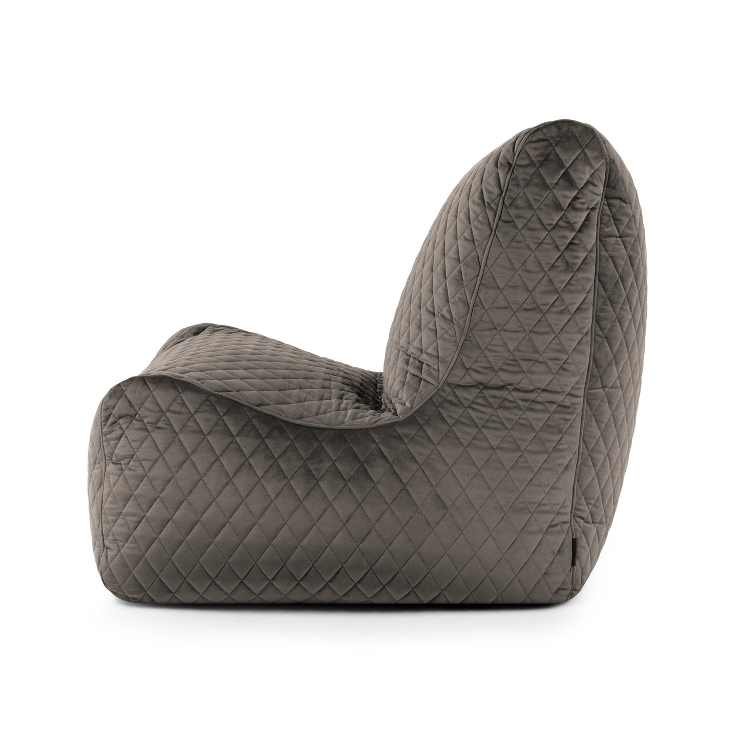 Vista lateral del moderno Bean bag Seat Lure Luxe, con tejido acolchado gris, asiento ergonómico y respaldo ligeramente reclinado, sobre fondo blanco.