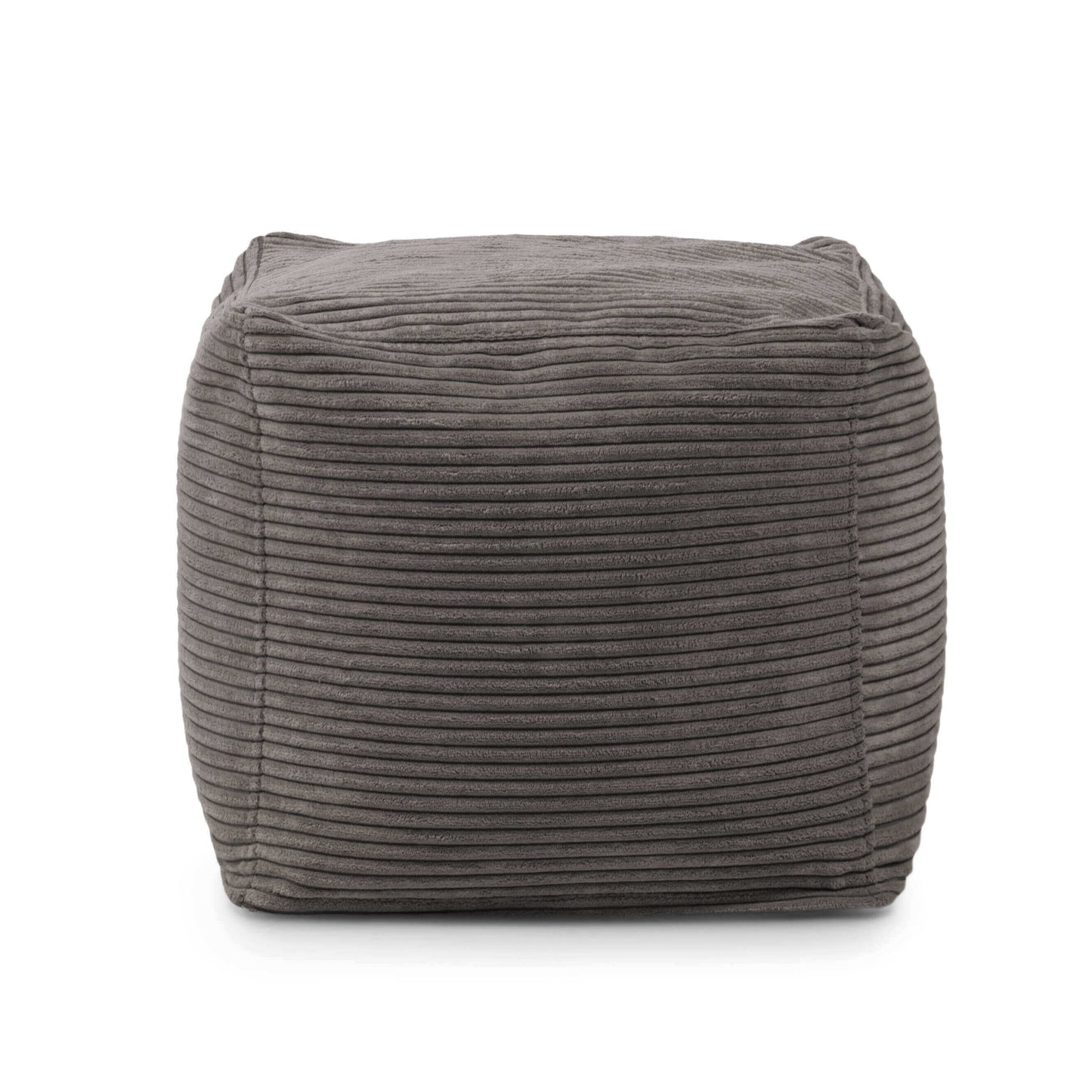 El Puff cuadrado de terciopelo acanalado UP WAVES (45×45×40 cm) en gris, compacto y elegante, aparece sobre fondo blanco y ofrece un asiento cómodo o reposapiés ideal para dormitorio o salón.