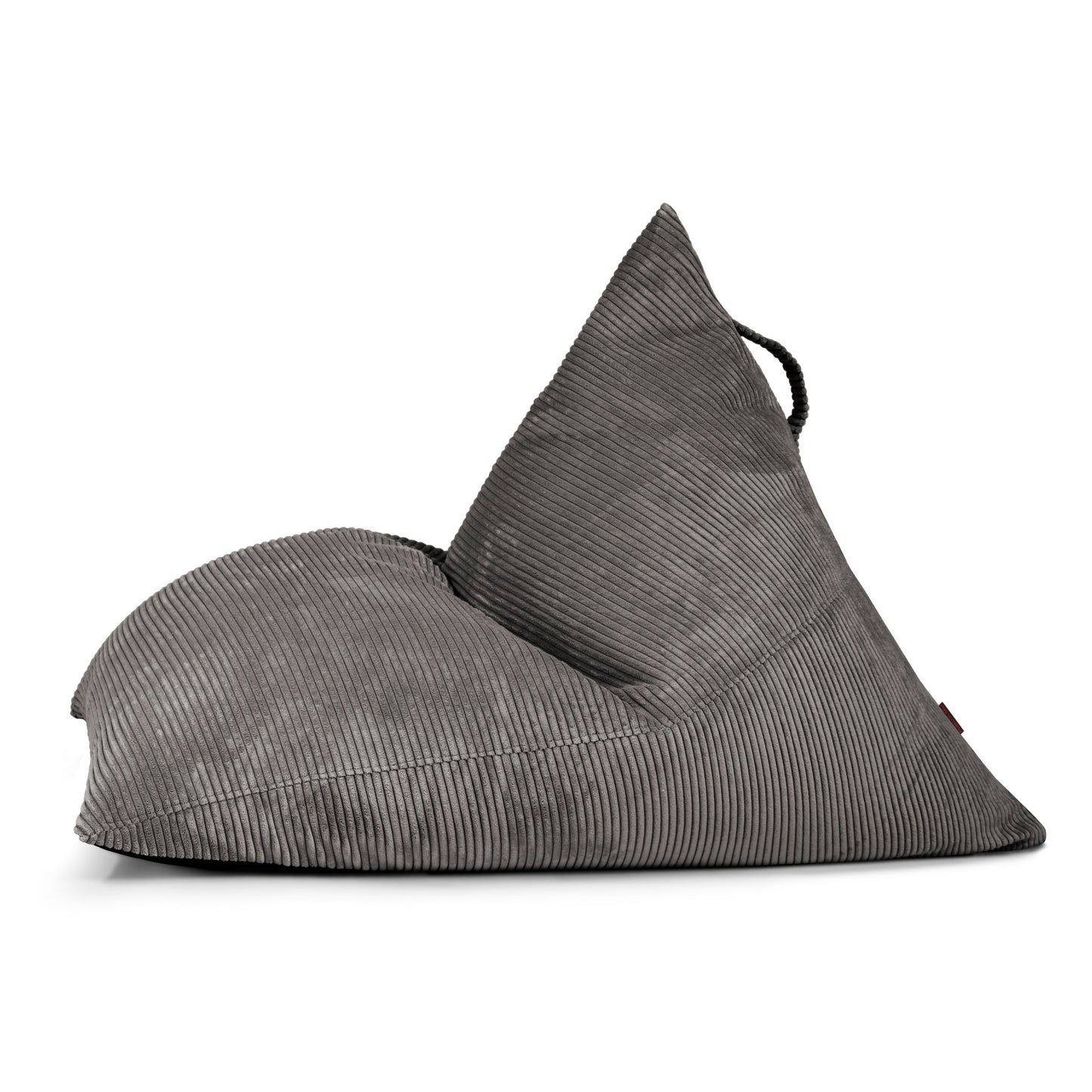 El Bean bag puff juvenil de terciopelo acanalado 110×130×90 cm RAZZ WAVES presenta un acabado en pana gris, respaldo triangular y asa superior-ideal como mobiliario ergonómico para espacios modernos.