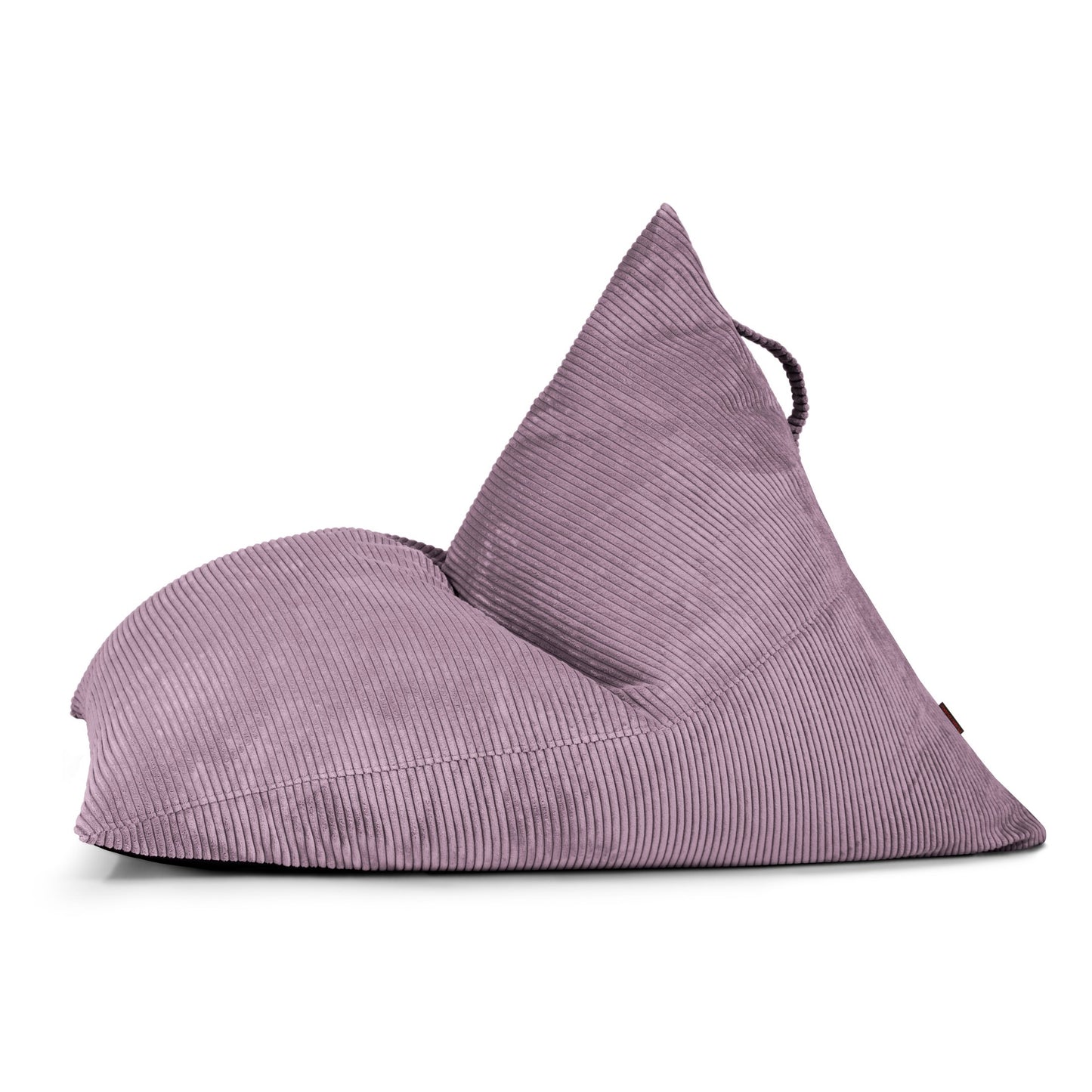El Bean bag puff juvenil de terciopelo acanalado 110×130×90 cm -moderno- dormitorio - RAZZ WAVES, mostrado en vista lateral con respaldo triangular y asa superior, añade un elegante mobiliario ergonómico a cualquier espacio moderno.