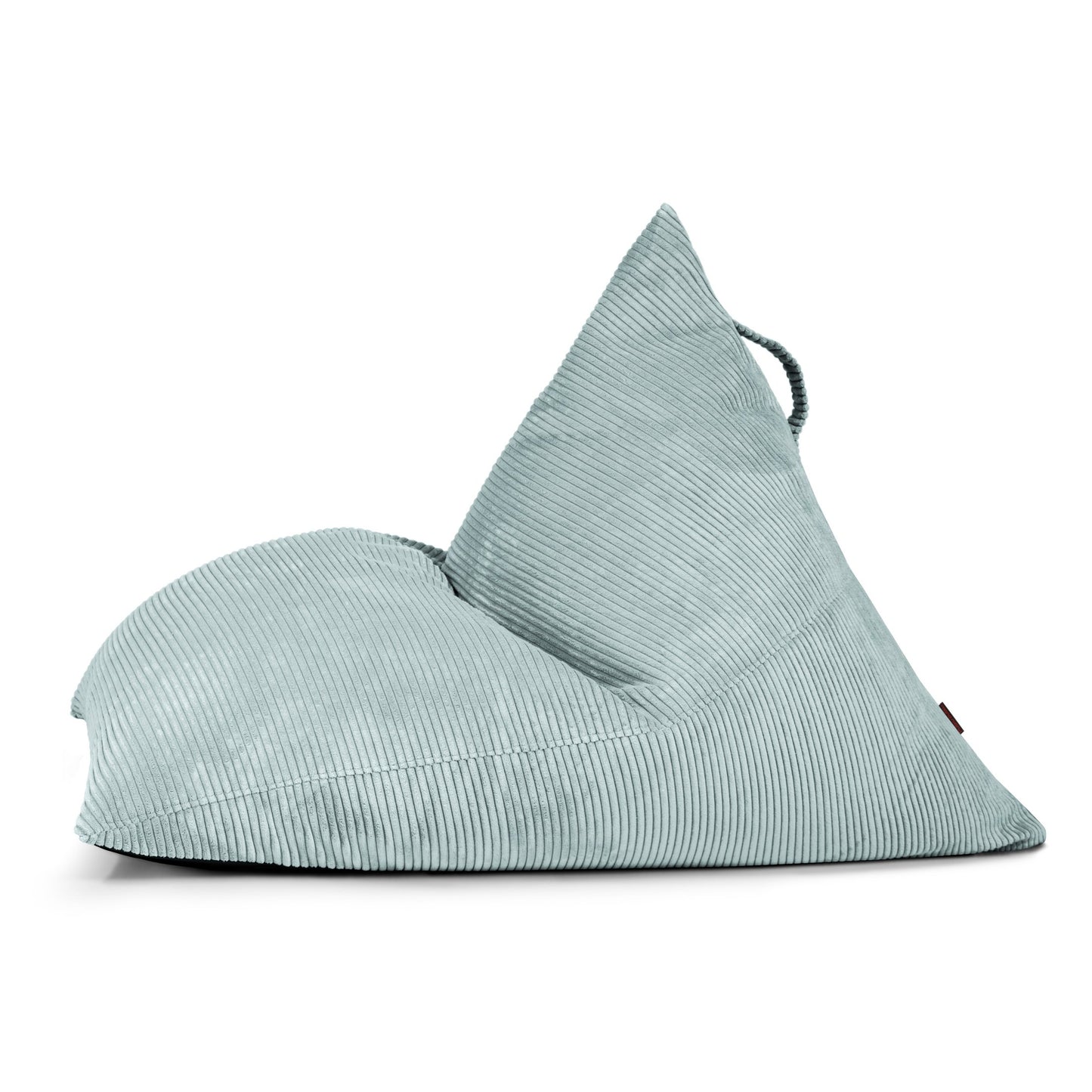 Azul claro Bean bag puff juvenil de terciopelo acanalado RAZZ WAVES (110×130×90 cm) con respaldo triangular y asa, mostrado de lado; este moderno asiento añade estilo ergonómico a cualquier dormitorio o espacio.