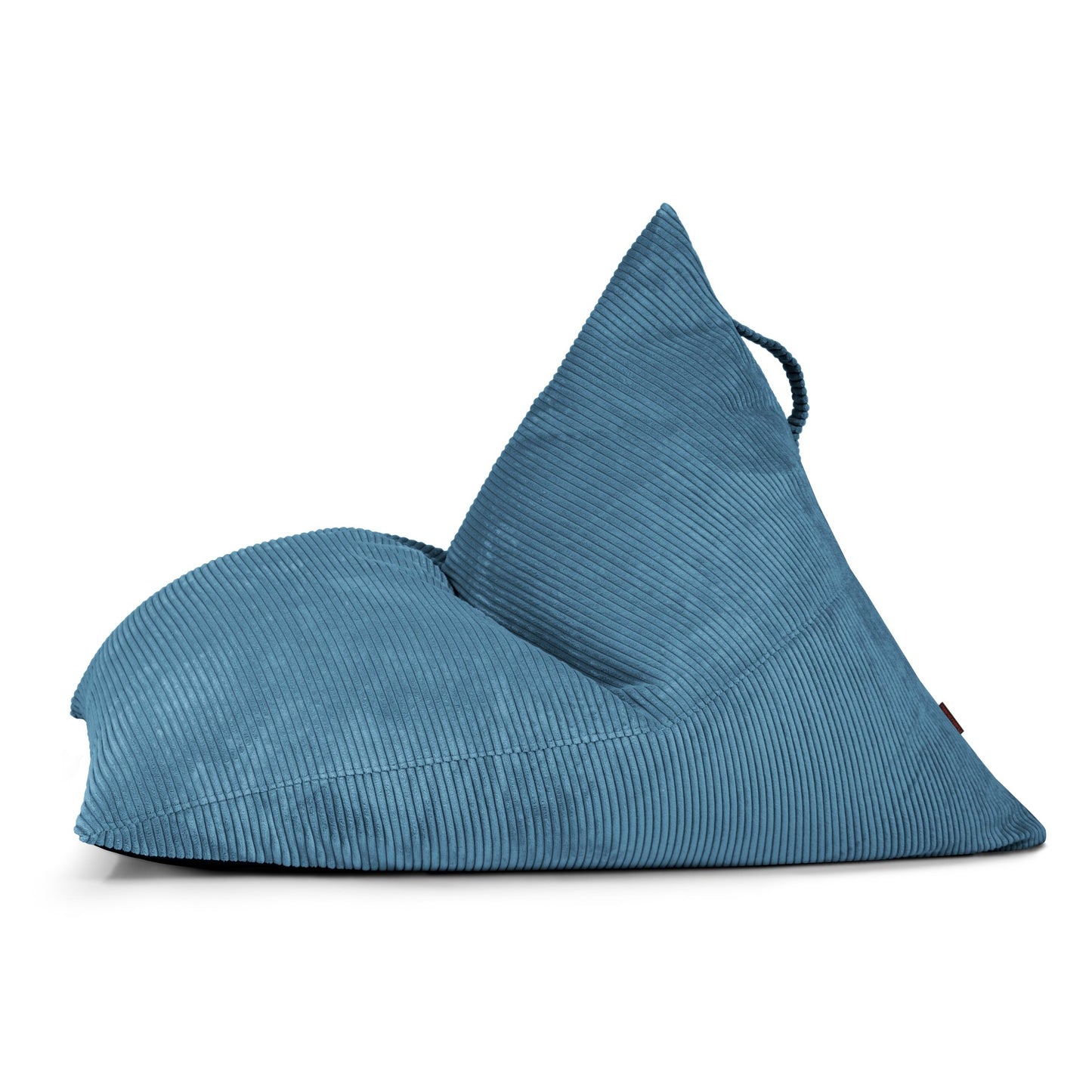 El Bean bag puff juvenil de terciopelo acanalado 110×130×90 cm -moderno- dormitorio - RAZZ WAVES es un bean bag azul, ergonómico, con respaldo triangular y asa superior, mostrado vista lateral sobre fondo blanco.