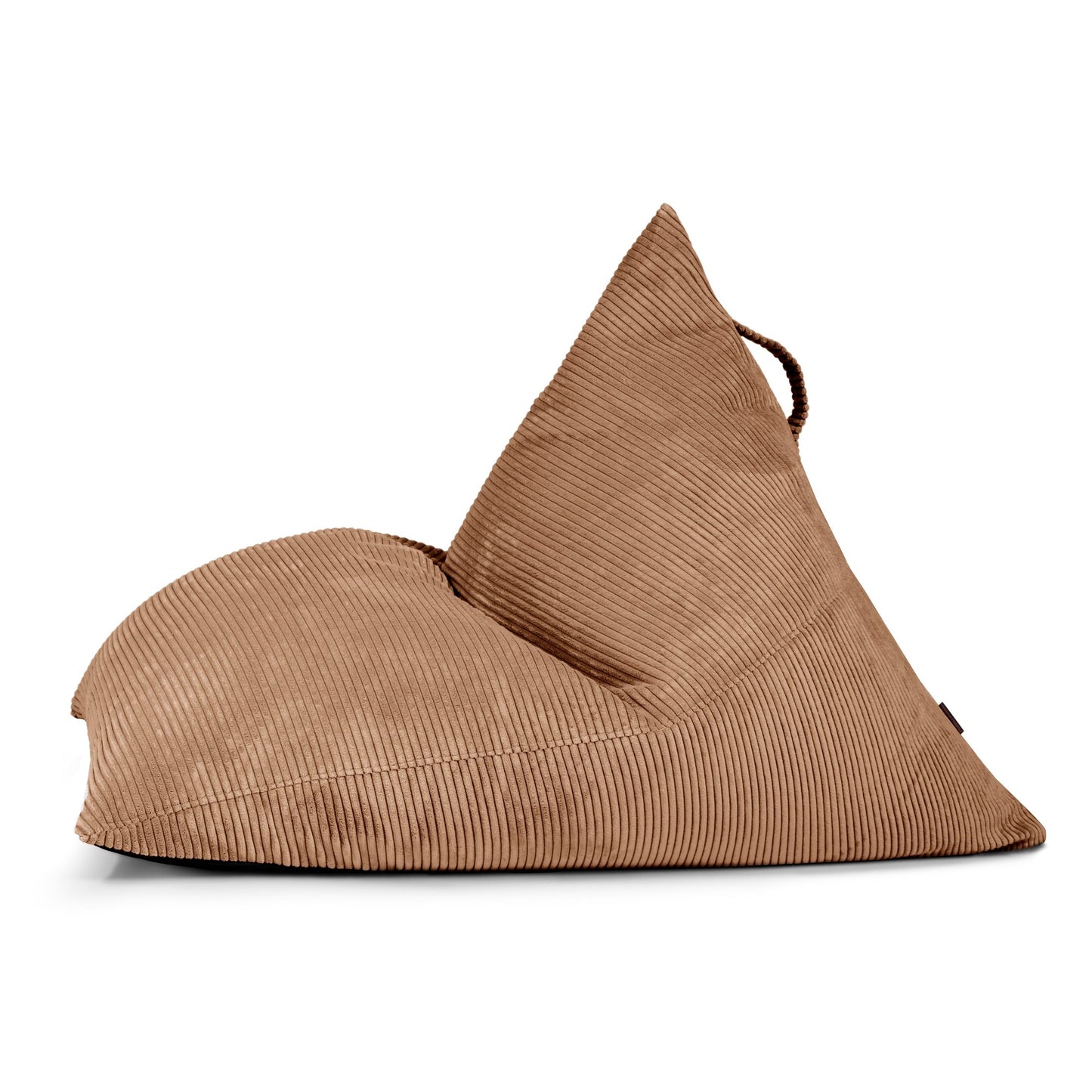 El puff bean bag juvenil RAZZ WAVES de terciopelo acanalado (110×130×90 cm) con respaldo triangular y asa superior se muestra de perfil sobre fondo blanco. Perfecto para dormitorios modernos.