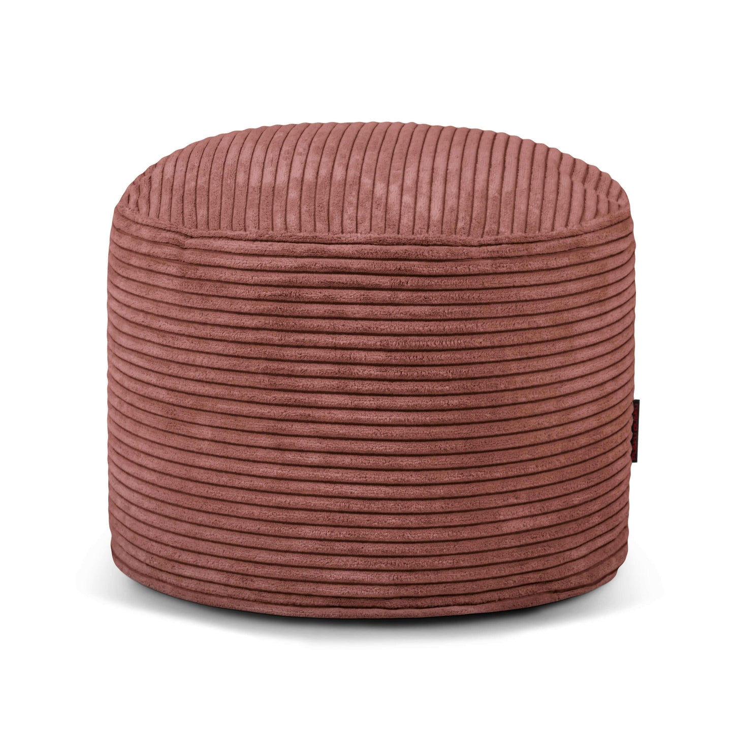 Compact puff redondo de terciopelo acanalado MINI WAVES (40×40×30 cm), marrón, con textura horizontal, ideal como asiento ergonómico para dormitorio o salón moderno. Fondo blanco.