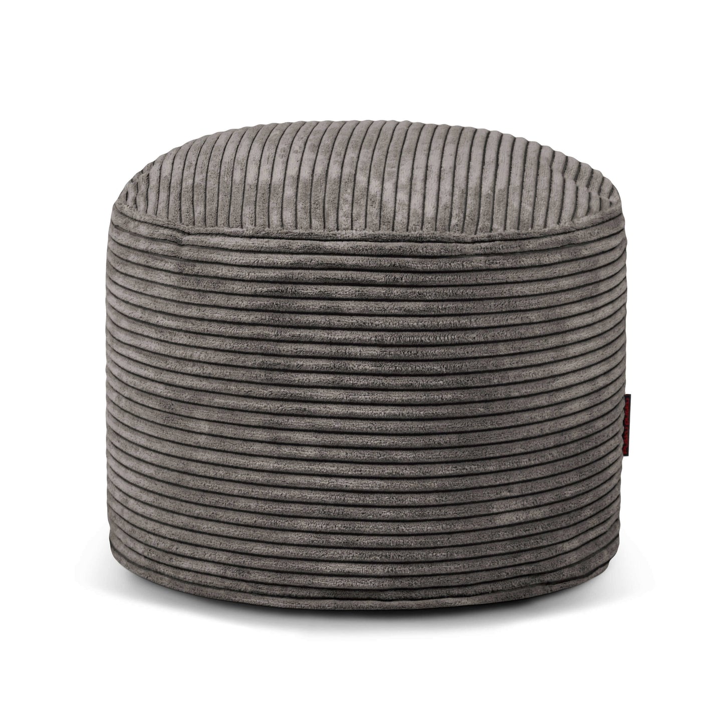 Puff redondo de terciopelo acanalado MINI WAVES (40×40×30 cm), gris, compacto y ergonómico, ideal para dormitorio o salón, con diseño de ondas horizontales sobre fondo blanco.