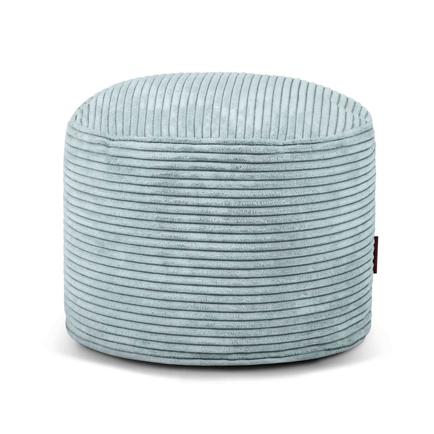 Otomana redonda compacta MINI WAVES, 40×40×30 cm, de terciopelo acanalado en azul claro, ideal para dormitorio o salón; se muestra sobre fondo blanco.