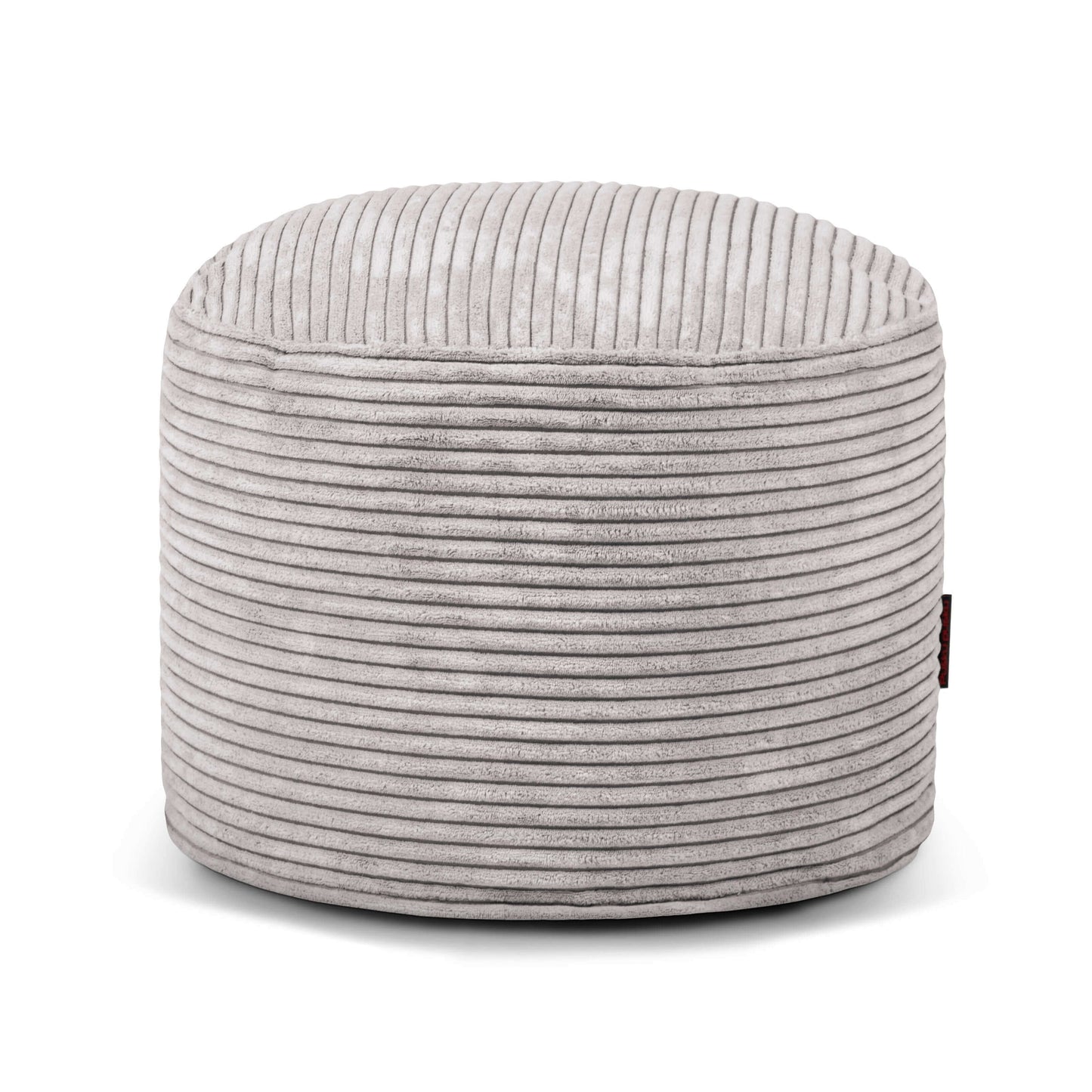 Puff redondo de terciopelo acanalado MINI WAVES, en gris claro, tamaño 40×40×30 cm; compacto y perfecto para dormitorio o salón, mostrado sobre fondo blanco.