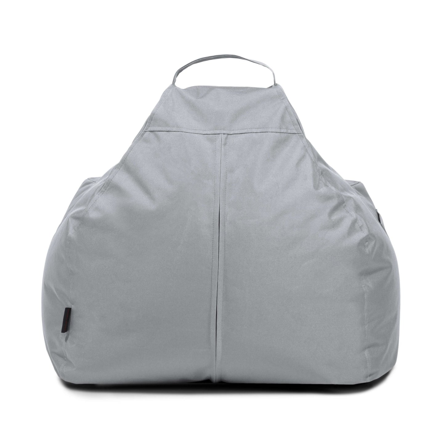 El Bean bag Game OX es un puf infantil de tela gris con respaldo triangular, asa superior y asiento ergonómico, mostrado de frente.