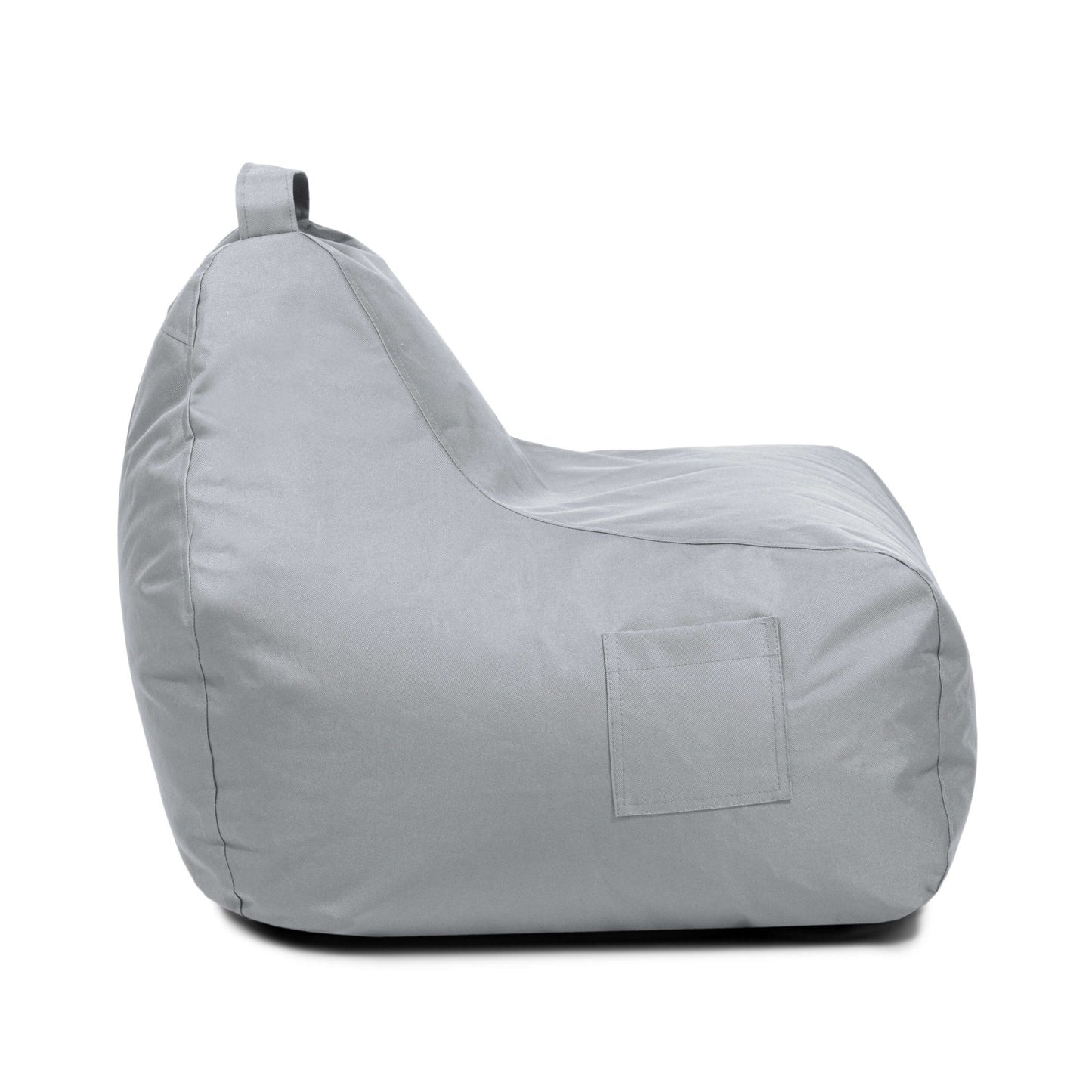 Vista lateral del Bean bag Game OX en gris claro, con respaldo, asa de transporte superior y bolsillo lateral, ideal como asiento ergonómico para niños.