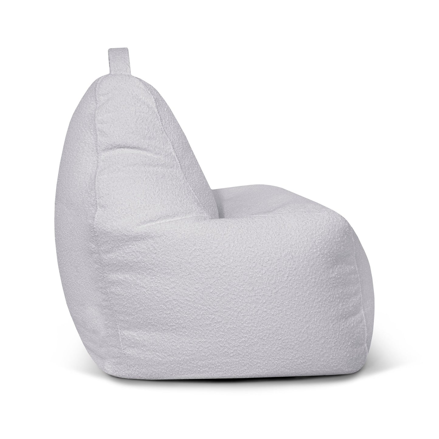 Vista lateral del Bean bag Play Madu, un puff ergonómico de color gris claro con tejido texturizado y un asa superior para facilitar su transporte, que ofrece un cómodo asiento.