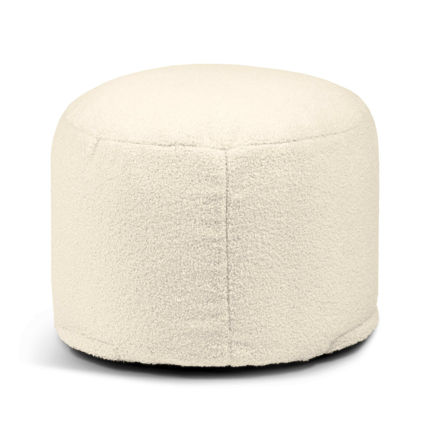 El Puff redondo de borreguito 40×40×30 cm MINI TEDDY es compacto y ergonómico, con tela texturizada y costuras visibles; ideal para dormitorio o salón moderno.