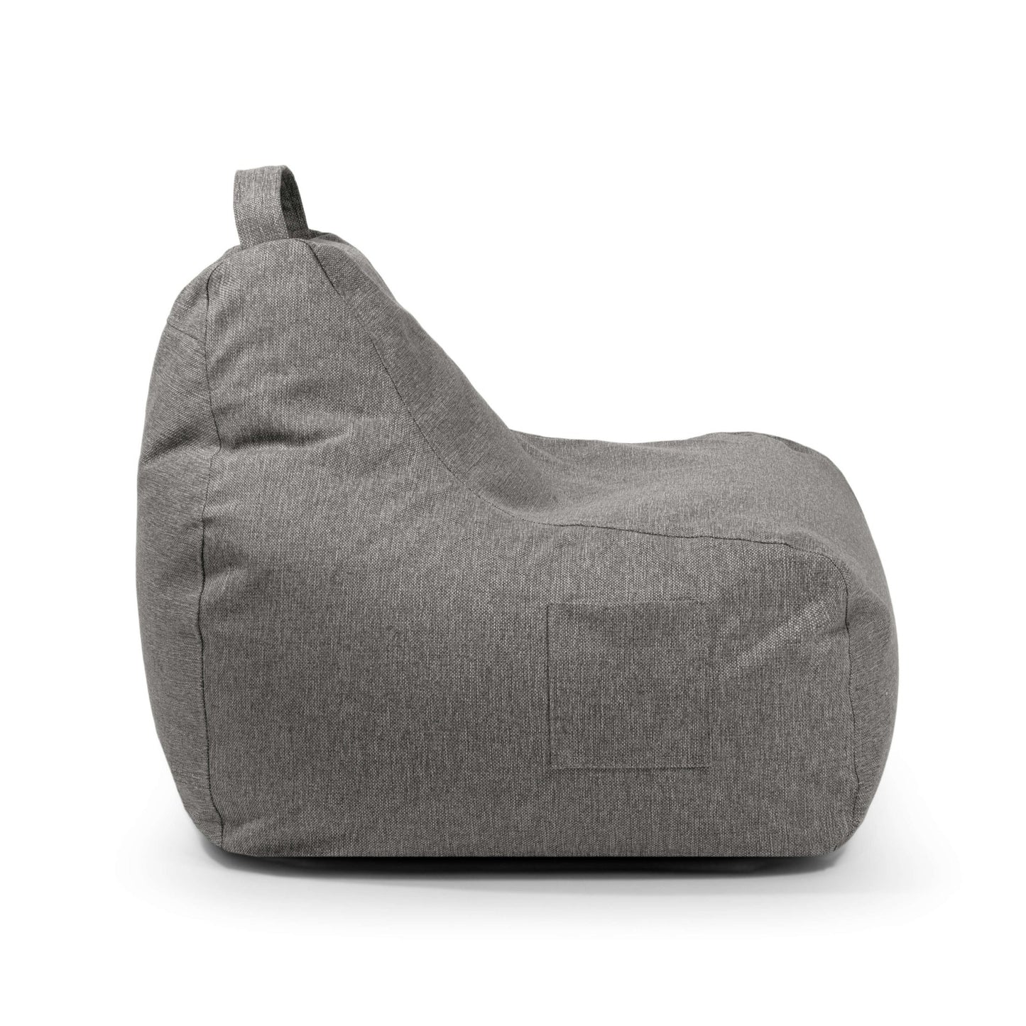 El Bean bag Game Home es un bolso de tela gris para niños, con un asa superior y un pequeño bolsillo lateral, que se muestra de perfil sobre un fondo blanco.