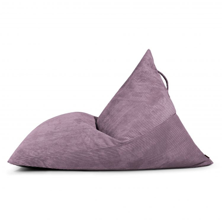 Un gran puff bean bag de pana malva RAZZMATAZZ WAVES (155×120×95 cm), con respaldo triangular y asa superior, se muestra de lado: perfecto para un salón o dormitorio modernos.