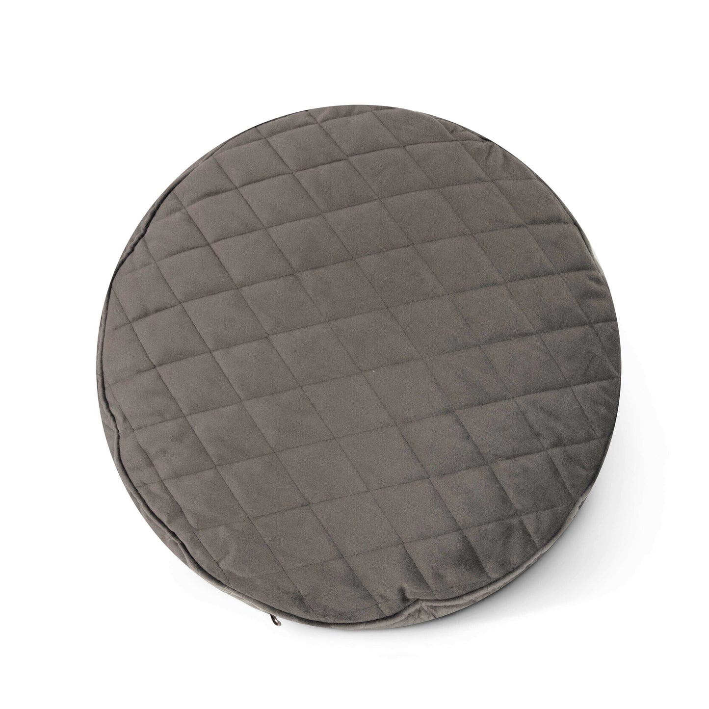 Puff redondo de terciopelo acolchado MINI LURE LUXE (40×40×30 cm), gris oscuro y compacto, con patrón de diamantes. Ideal para dormitorio o salón moderno; asiento cómodo, fotografiado desde arriba sobre fondo blanco.