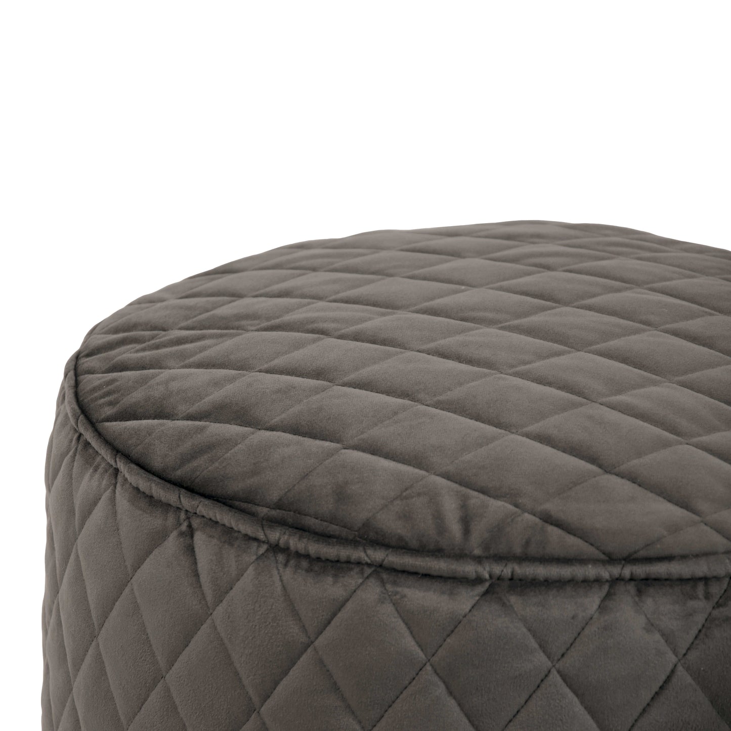 Primer plano de un Puff redondo de terciopelo acolchado 40×40×30 cm MINI LURE LUXE en gris oscuro, compacto y suave-ideal como asiento cómodo o bean bag pequeño para dormitorio o salón.