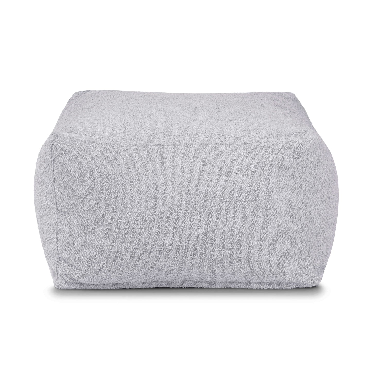 Un puf cuadrado SOFTBOX MADU gris claro (70×70×40 cm) con suave tejido bouclé, compacto y lavable -ideal para el salón o el dormitorio- mostrado de frente sobre un fondo blanco.