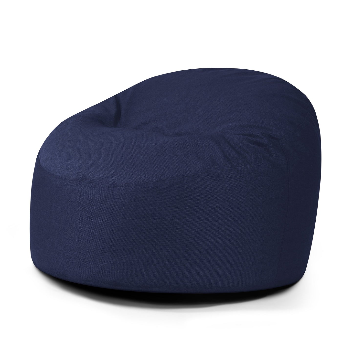 A large navy blue Puff redondo de foam y tejido nórdico 85×85×38 cm - OM 85 NORDIC, con forma suave y escandinava, ideal para salón o dormitorio, perfecto como puf infantil o bean bag niños, destacado sobre fondo blanco.