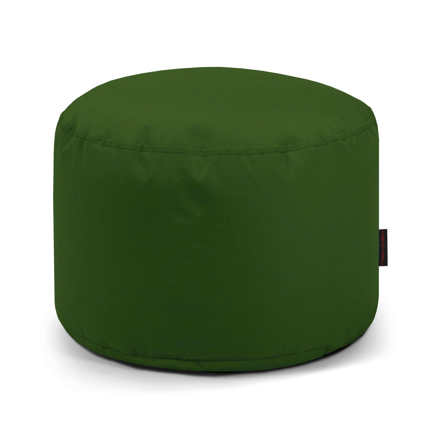 El Pouf Mini Colorin - uso exteriores, en verde oscuro sobre fondo blanco, está fabricado en tela certificada OEKO-TEX. Este asiento compacto y versátil ofrece un diseño sencillo y elegante ideal para cualquier espacio al aire libre.