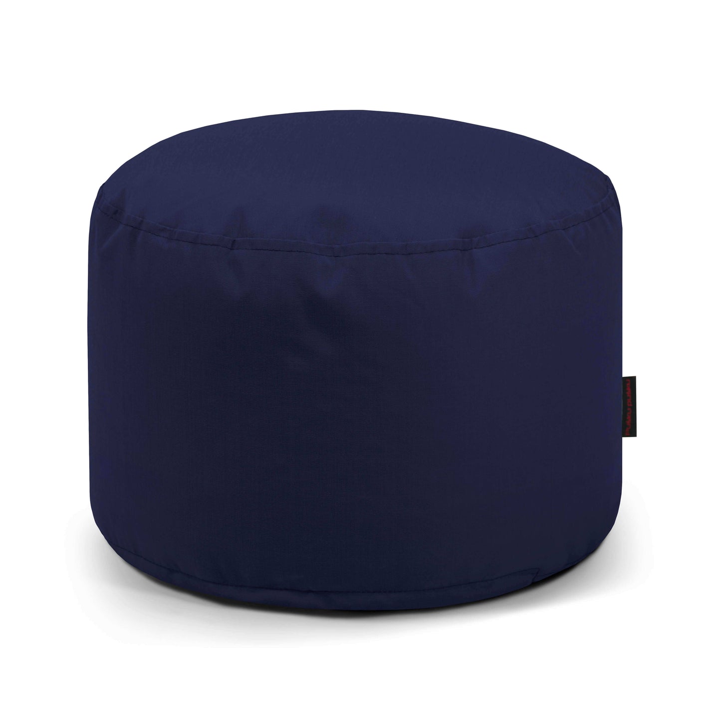 El Pouf Mini Colorin - uso exteriores es un puf redondo de color azul oscuro con tejido certificado OEKO-TEX y superficie lisa, que ofrece un asiento compacto y versátil sobre un fondo blanco liso.
