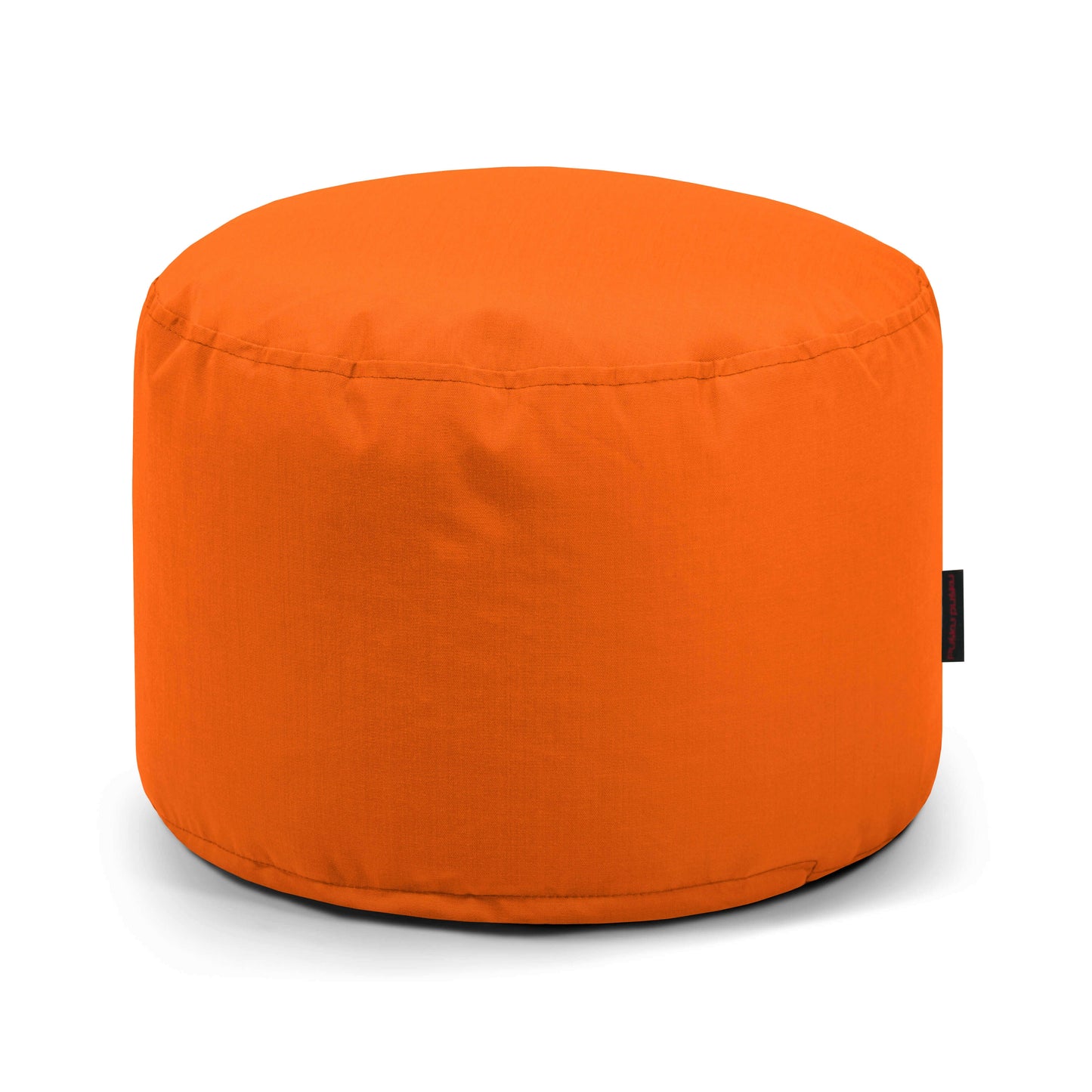 El Pouf Mini Colorin - uso exteriores es una otomana redonda de color naranja con tejido certificado OEKO-TEX, que se muestra sobre un fondo blanco liso.