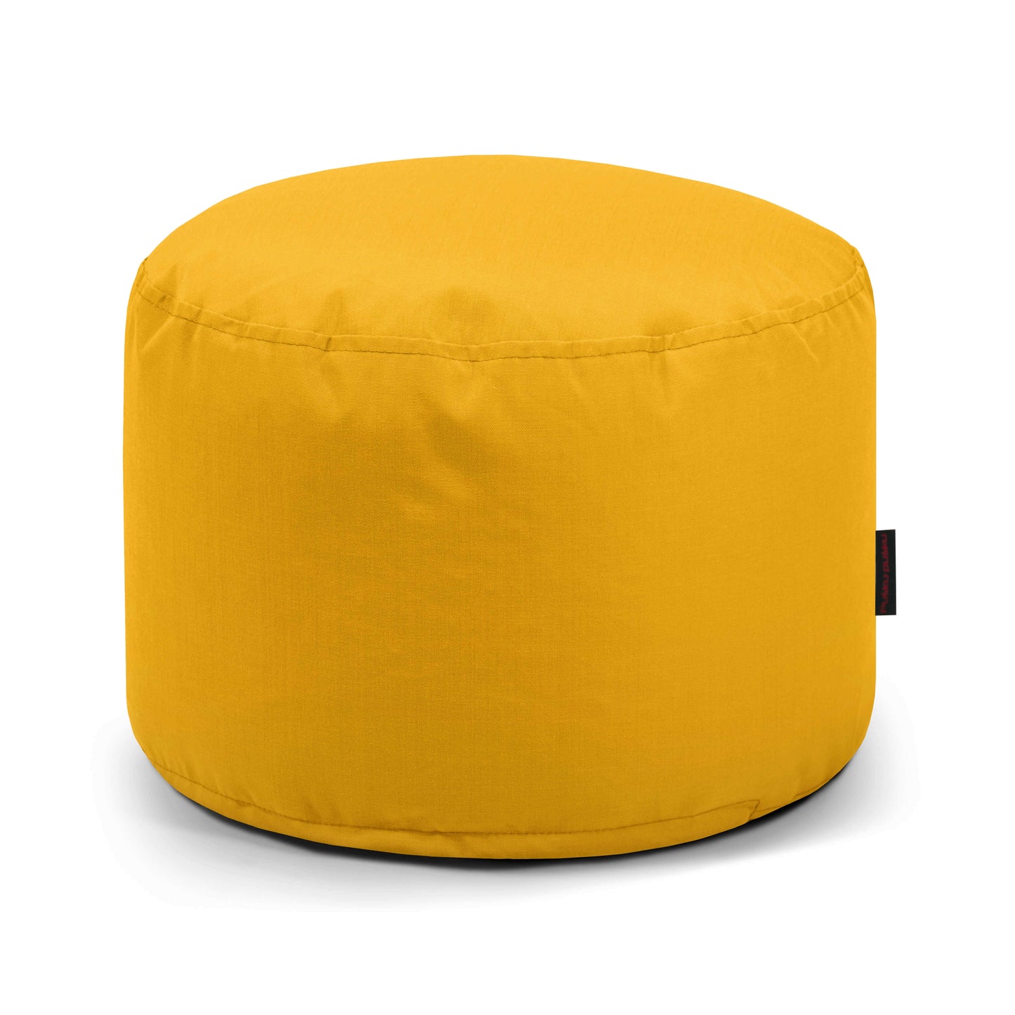 El puf Mini Colorin - uso exterior es un puf redondo de color amarillo con textura de tejido liso fabricado con tejido certificado OEKO-TEX, que ofrece un asiento compacto y versátil, mostrado sobre fondo blanco.