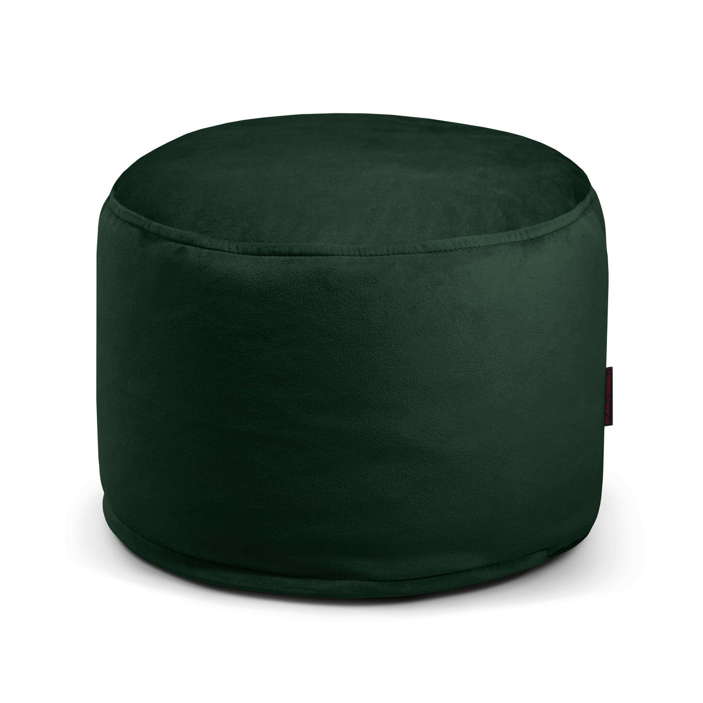 Un compacto puf redondo de terciopelo MINI BARCELONA (40×40×30 cm) en verde oscuro ofrece un asiento extra suave y cómodo para el dormitorio o el salón, mostrado sobre un fondo blanco liso.