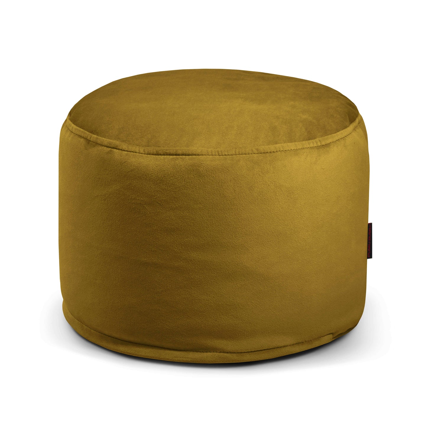 Se muestra el Puff redondo de terciopelo 40×40×30 cm MINI BARCELONA, un asiento compacto y cómodo ideal para dormitorio o salón, con superficie suave, en color mostaza, sobre fondo blanco.