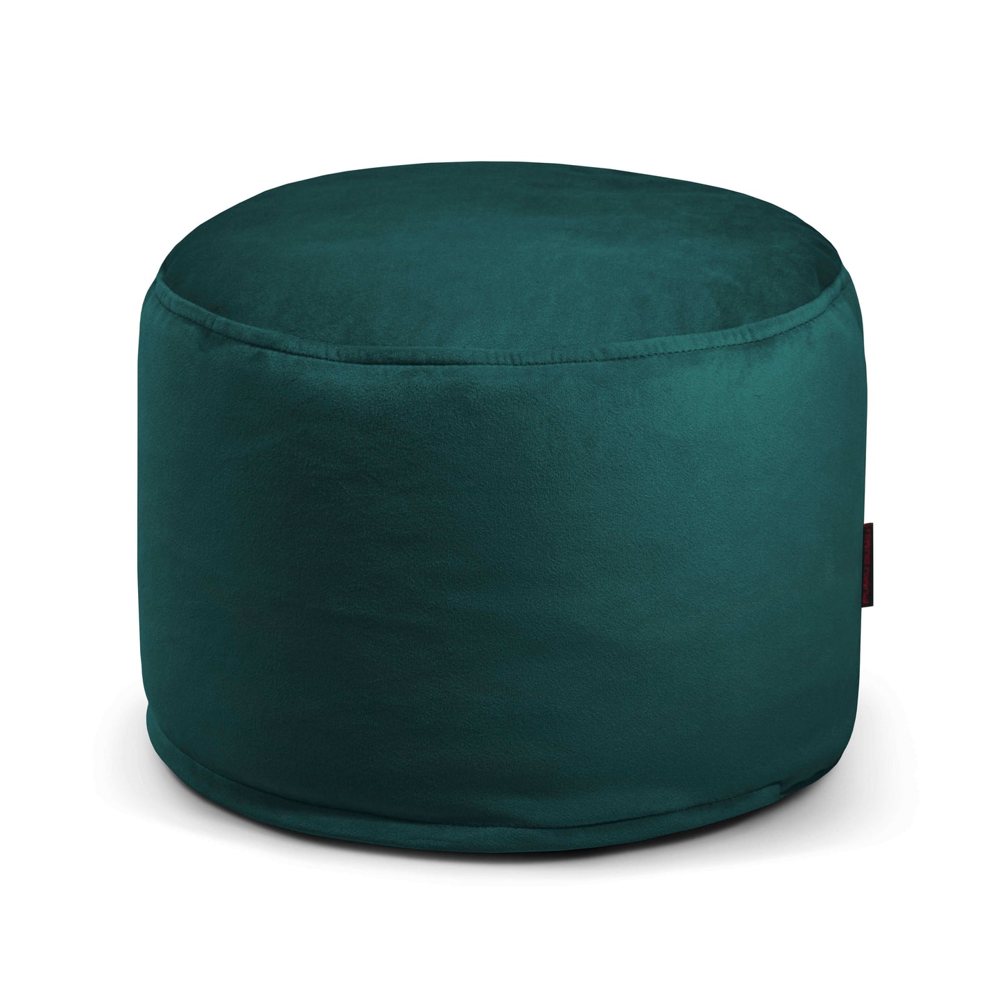 Un compacto y redondo puff MINI BARCELONA verde oscuro (40×40×30 cm) de terciopelo europeo proporciona un cómodo asiento adicional para dormitorio o salón. Se muestra con una superficie lisa sobre fondo blanco.