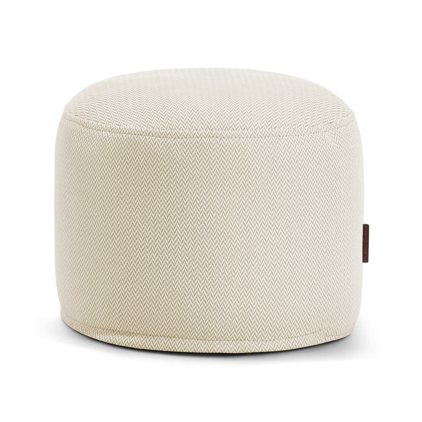 Pouf Mini Canaria - uso exterior otomana redondo, de color beige, con un sutil dibujo de espiga y una pequeña etiqueta de tela lateral, confeccionado con tejido extra suave para un asiento cómodo, sobre fondo blanco.