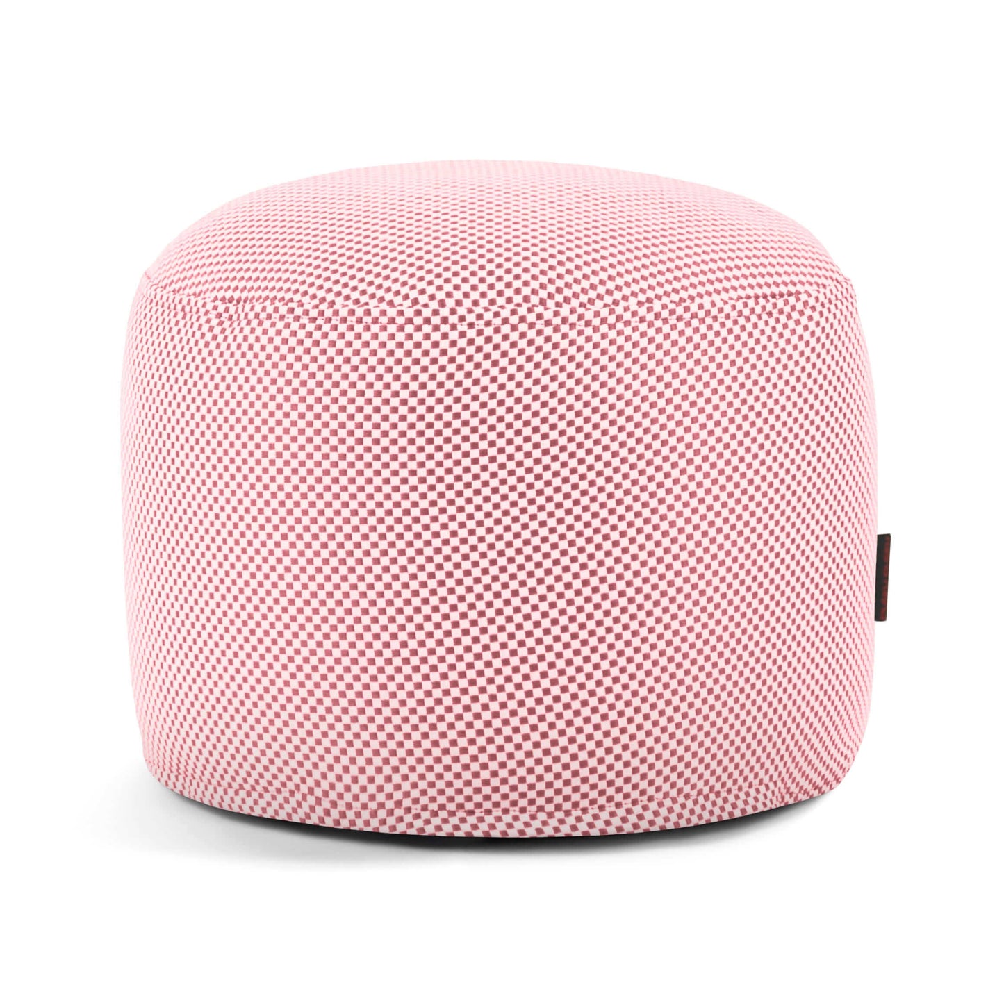 Un puf redondo de color rosa Mini Capri Impermeable - Uso Exterior otomana con una textura, patrón de tela a cuadros se muestra sobre un fondo blanco liso.