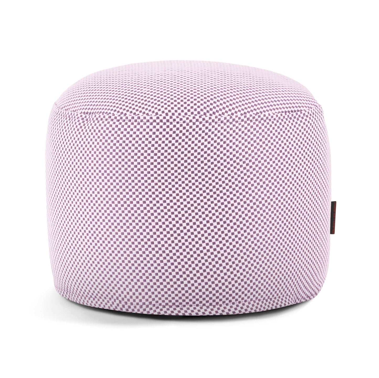 Un puf redondo de color lavanda Mini Capri Impermeable - Uso Exterior otomana con un patrón de textura de tela de rejilla se muestra sobre un fondo blanco.