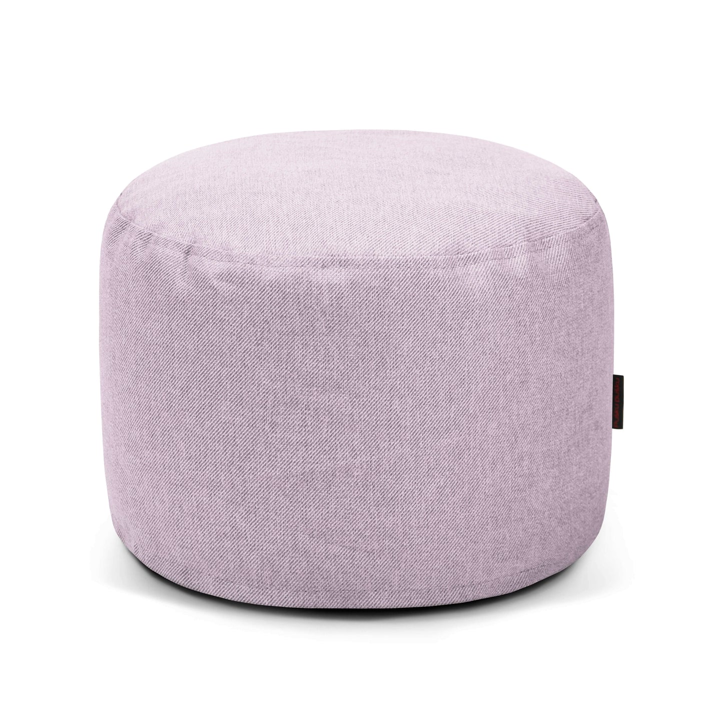 El Pouf Mini Riviera - uso exteriores es un puf redondo de color morado claro con una superficie lisa de tejido OEKO-TEX, que proporciona un asiento versátil sobre un fondo blanco liso.