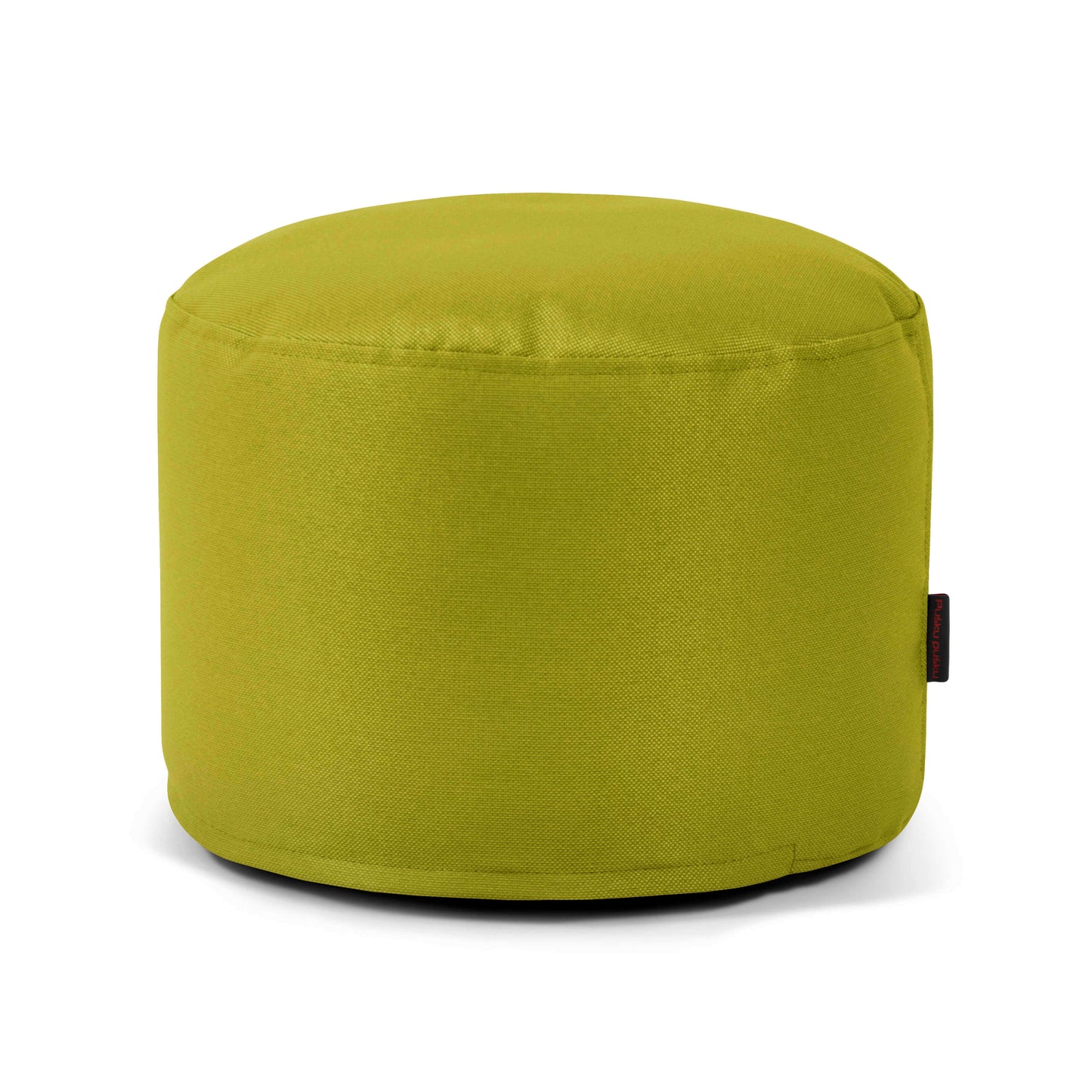 Compacto puff redondo MINI PROFUSE de tejido ignífugo (40×40×30 cm), color verde lima y superficie lisa, con pequeña etiqueta negra lateral. Ideal como asiento compacto o puf infantil para dormitorio o salón.