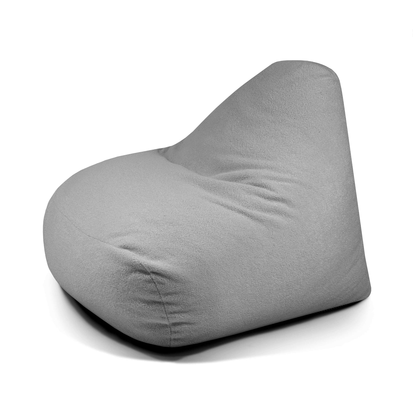 Un Puff grande de foam y borreguito SNUG 100 TEDDY (110×100×74 cm), moderno para salón o dormitorio, color gris con respaldo inclinado, se muestra sobre un fondo blanco.