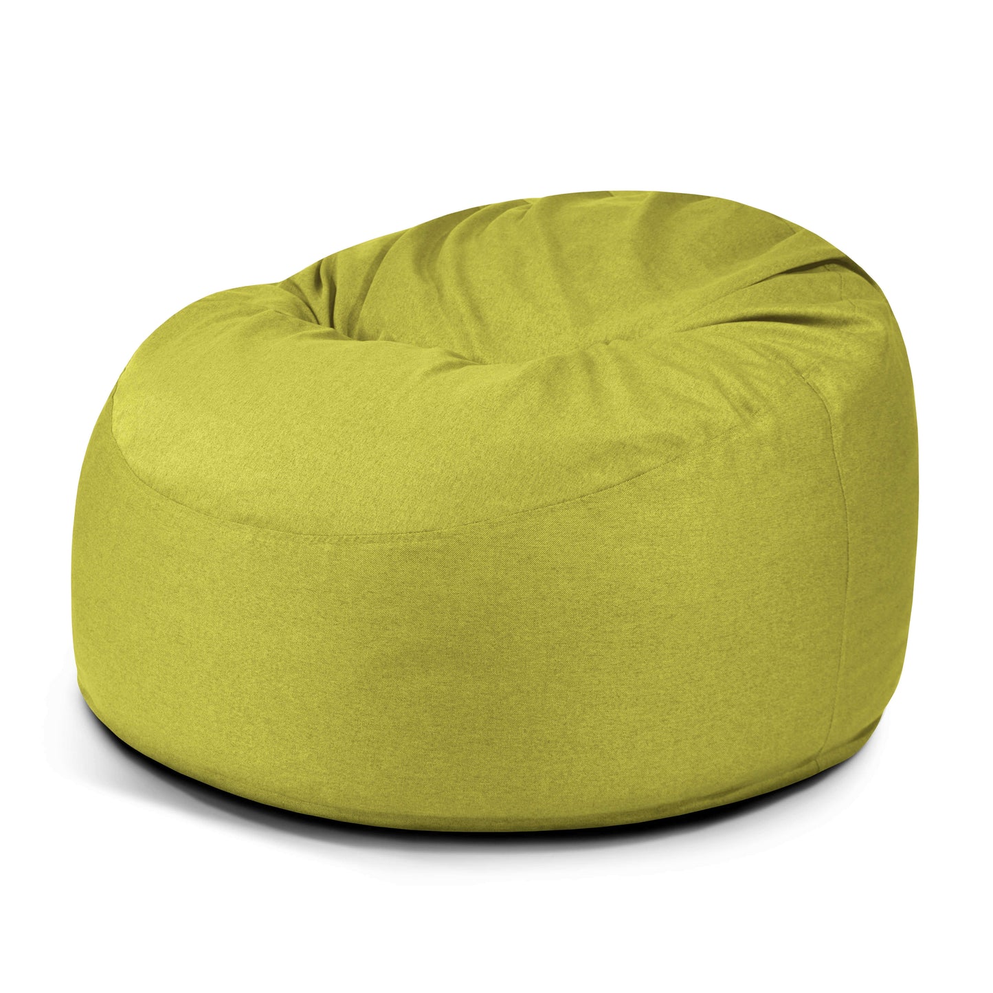 El Foam Bean Bag OM 110 Barcelona, de color verde brillante y forma suave y redondeada, se asienta sobre un fondo blanco liso y aporta un toque de mueble moderno a cualquier espacio.