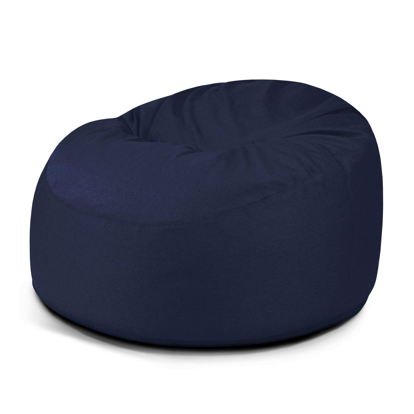El Foam Bean Bag OM 110 Barcelona, en azul oscuro, presenta un diseño ergonómico suave y redondeado y descansa sobre un fondo blanco liso, combinando estilo moderno y comodidad.
