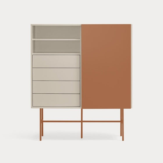 Moderno Mueble Auxiliar Nube 1P4C de estilo minimalista con una combinación de estantes abiertos y compartimentos cerrados, sostenidos por una esbelta estructura metálica, sobre un fondo liso. Su diseño prioriza la funcionalidad, convirtiéndolo en un mueble auxiliar ideal.