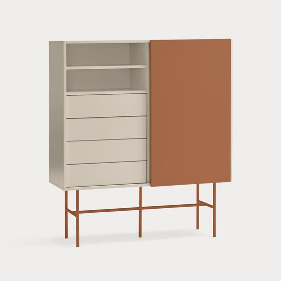 Mueble Auxiliar Nube 1P4C moderno con una combinación de estantes y cajones, con una única puerta grande de color terracota, montada sobre un delgado marco de metal. Esta pieza ejemplifica el diseño funcional.