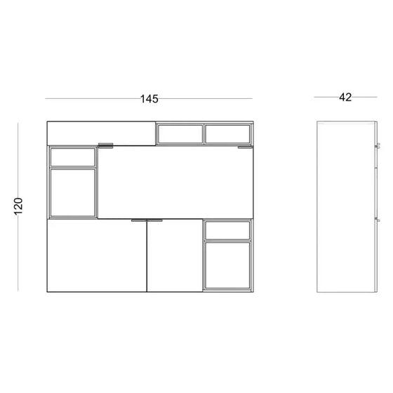 Descripción: Dibujo técnico del diseño de muebles Aparador Vooxy Contenedor con dimensiones en centímetros.