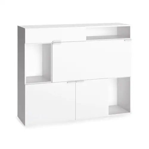 Moderno Aparador Vooxy Contenedor blanco con múltiples compartimentos de almacenamiento y puertas, aislado sobre fondo blanco.