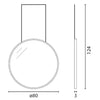 Diseño moderno de Espejo One Eyed circular con una extensión rectangular, mostrando las dimensiones de diámetro y altura.