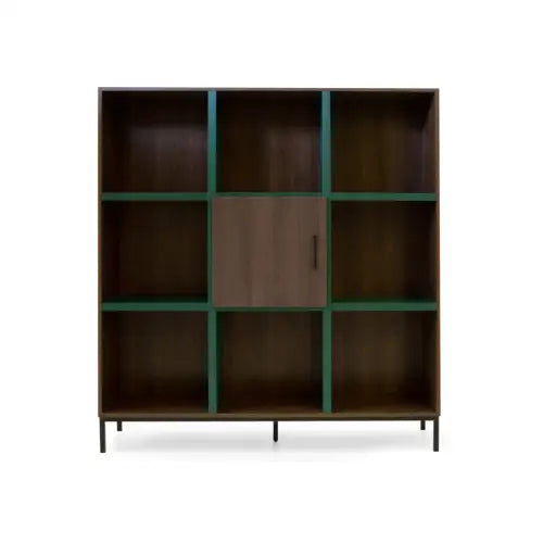Estantería Dinka 01: Moderna estantería de madera con mueble cerrado y compartimentos abiertos, ejemplificando la elegancia vanguardista.