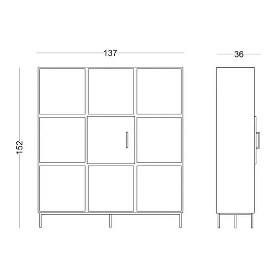Diseño minimalista de la Mesita de Noche Dinka 01 con dimensiones: 162 cm de altura, 137 cm de ancho y 36 cm de profundidad.
