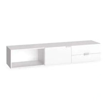  Mueble TV Samsung moderno blanco de pared con estante abierto y compartimentos cerrados, diseñado con un estilo minimalista.